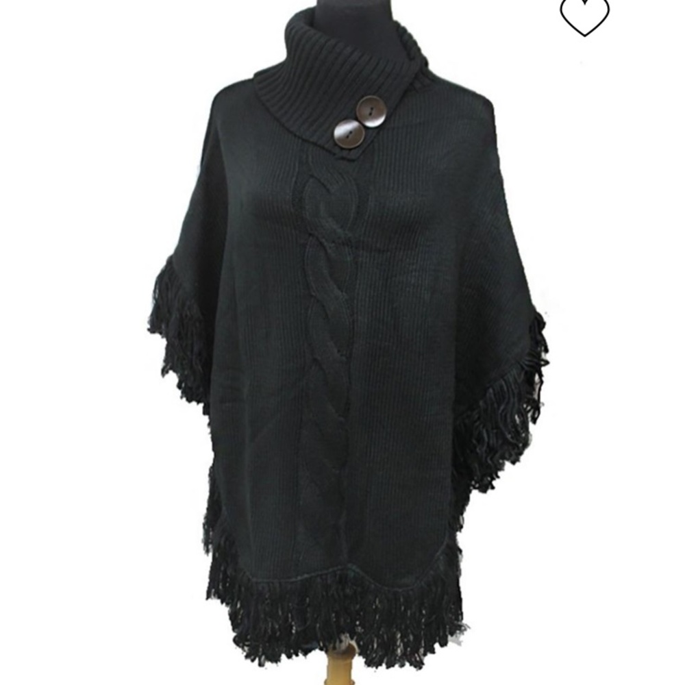 COPY - Poncho Cowl Neck Buttons Fringes Black One Size